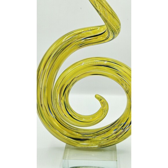 Murano Style Art 21" Glass Spiral Sculpture in Yellow Swirl Pattern With Base - Picture 10 of 11